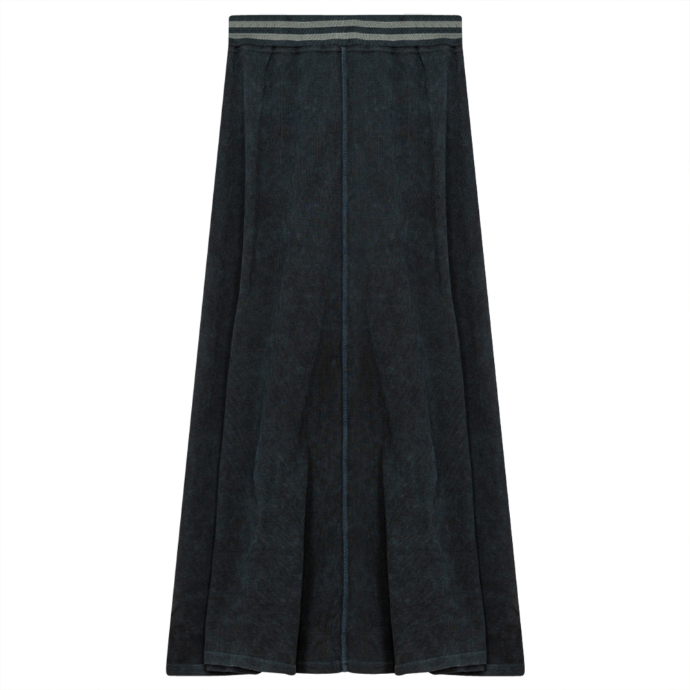 Ladies Denim Rib Long Panel Skirt With Elastic Stripe Waistband