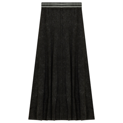 Ladies Denim Rib Long Panel Skirt With Elastic Stripe Waistband Black Wash