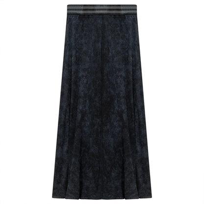 Ladies Denim Rib Long Panel Skirt With Elastic Stripe Waistband Dark Denim Wash