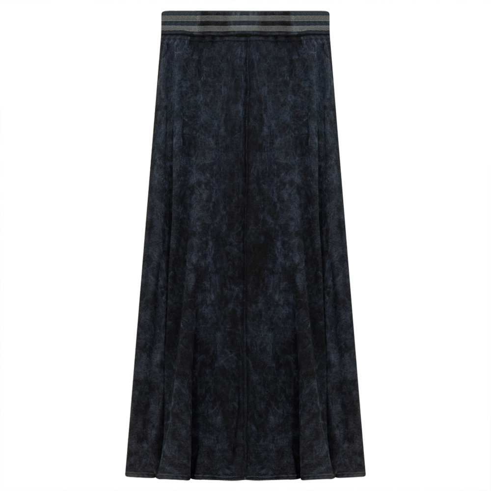 Ladies Denim Rib Long Panel Skirt With Elastic Stripe Waistband Dark Denim Wash