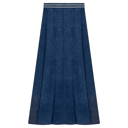 Ladies Denim Rib Long Panel Skirt With Elastic Stripe Waistband Indigo Wash