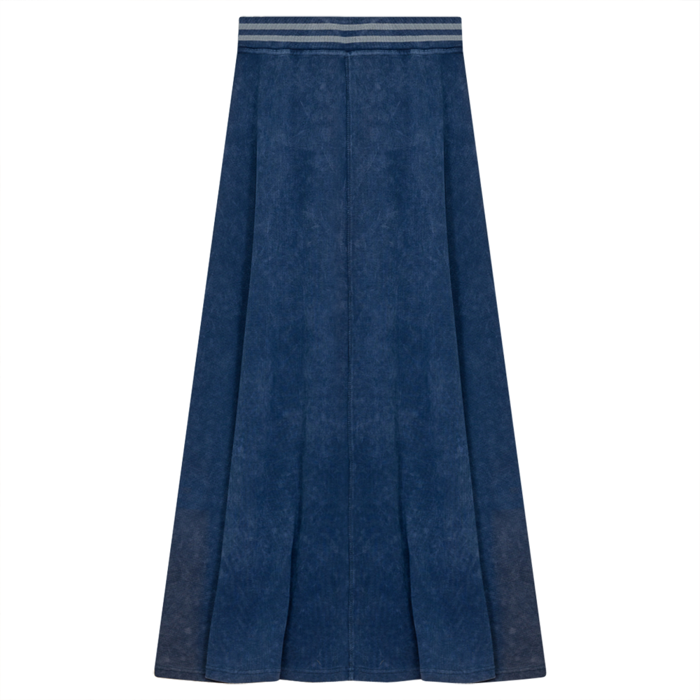 Ladies Denim Rib Long Panel Skirt With Elastic Stripe Waistband Indigo Wash