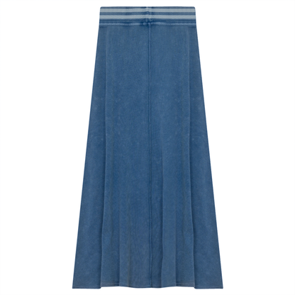 Ladies Denim Rib Long Panel Skirt With Elastic Stripe Waistband Light Denim Wash