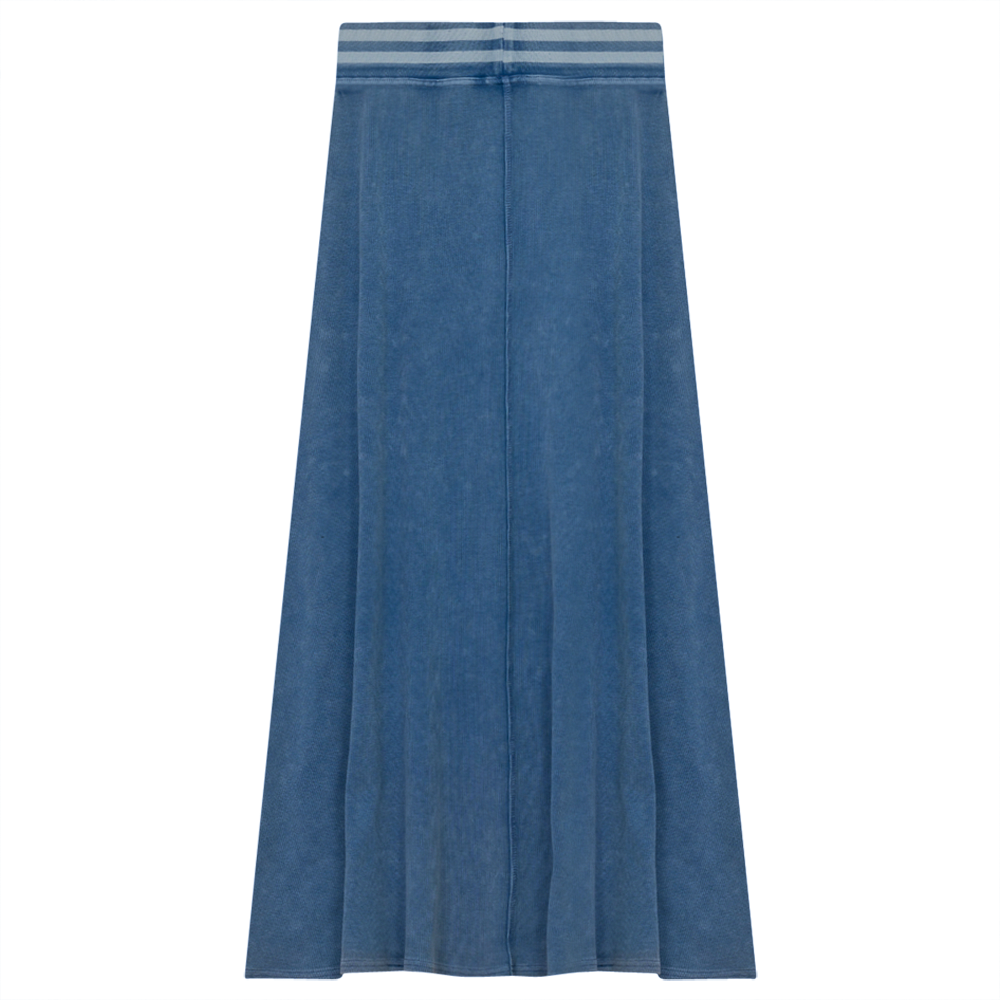 Ladies Denim Rib Long Panel Skirt With Elastic Stripe Waistband Light Denim Wash