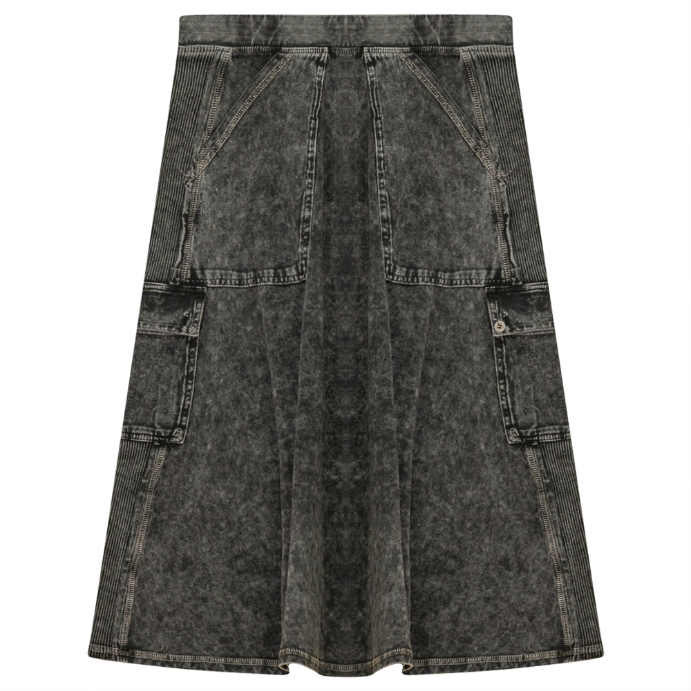 Ladies Tie Dye Wash Rib Short Skirt With Side Pockets Black Wash