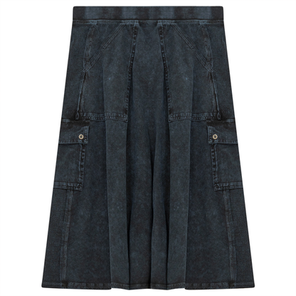Ladies Tie Dye Wash Rib Short Skirt With Side Pockets Indigo Wash