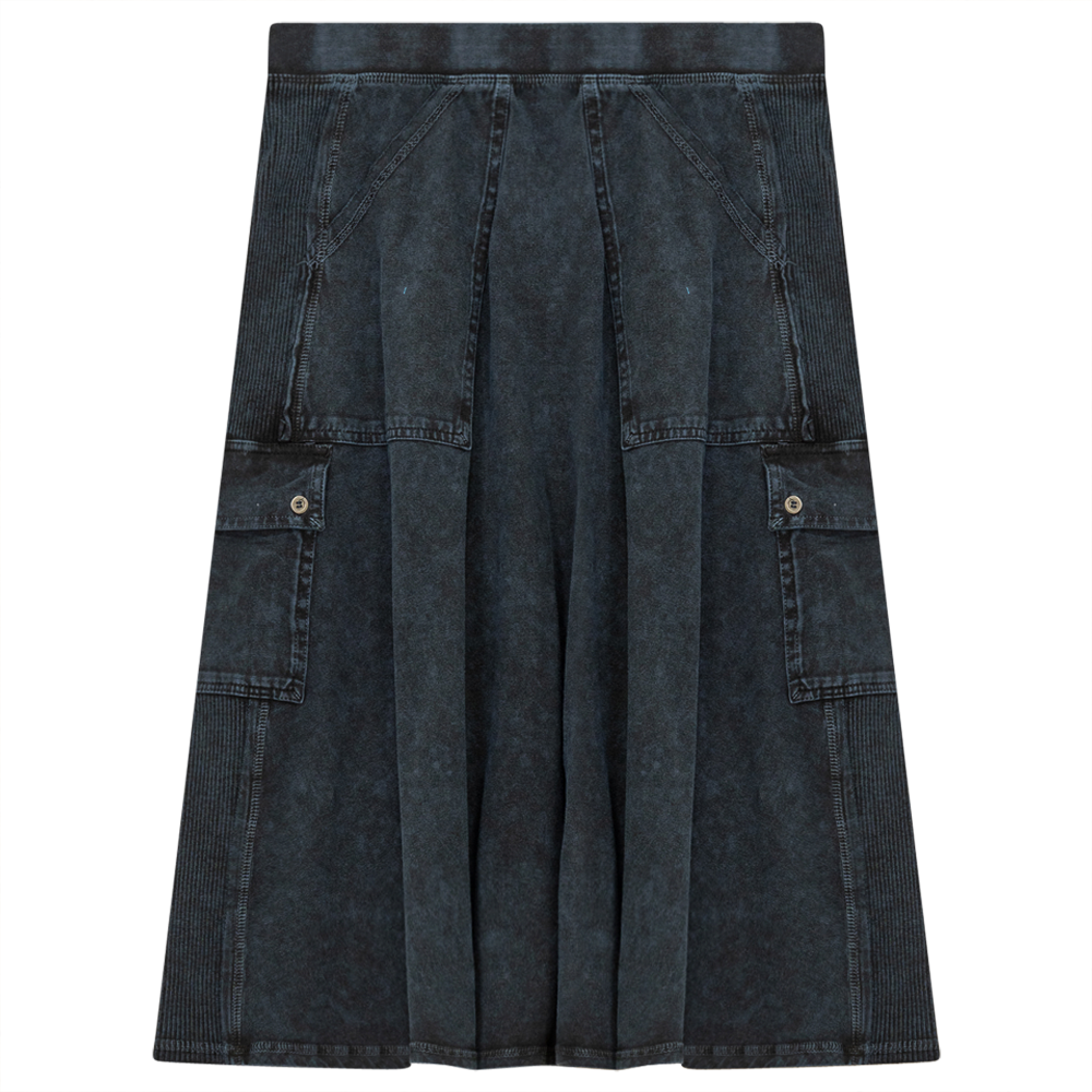 Ladies Tie Dye Wash Rib Short Skirt With Side Pockets Indigo Wash