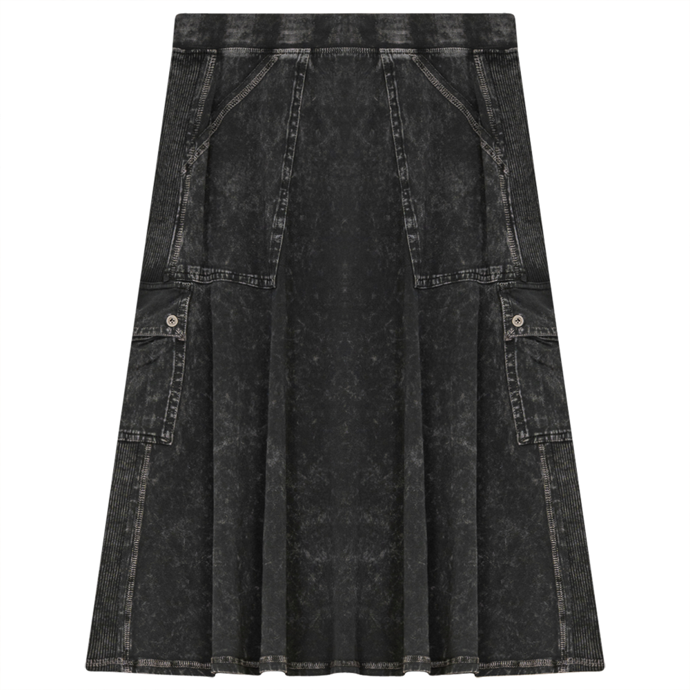 Ladies Tie Dye Wash Rib Short Skirt With Side Pockets Medium Grey Wash