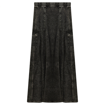 Ladies Tie Dye Wash Rib Long Skirt With Side Pockets Black Wash