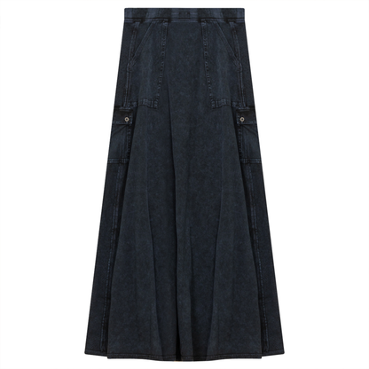 Ladies Tie Dye Wash Rib Long Skirt With Side Pockets Indigo Wash