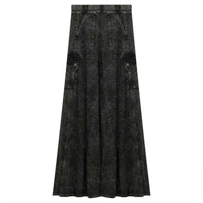 Ladies Tie Dye Wash Rib Long Skirt With Side Pockets Medium Grey Wash