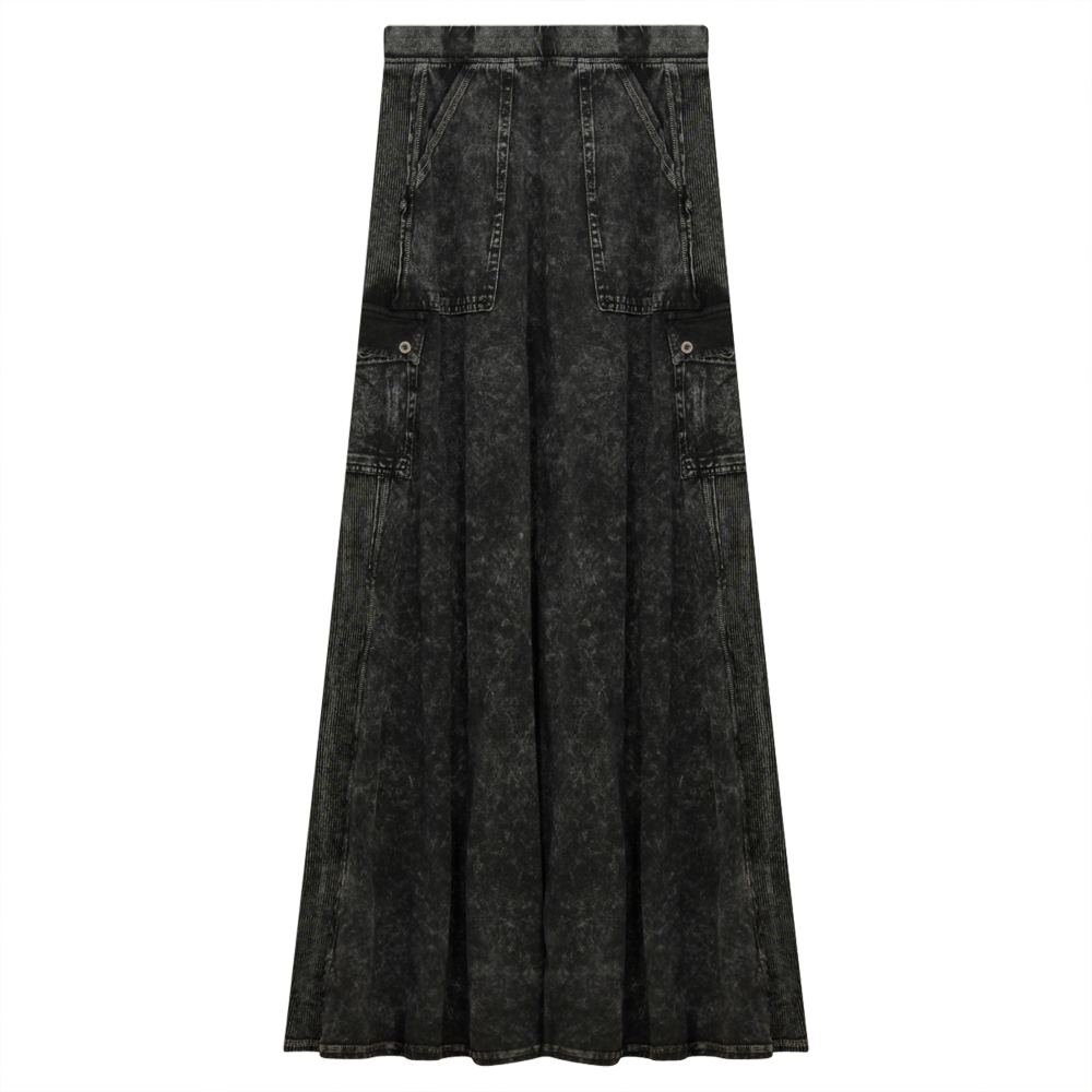 Ladies Tie Dye Wash Rib Long Skirt With Side Pockets Medium Grey Wash