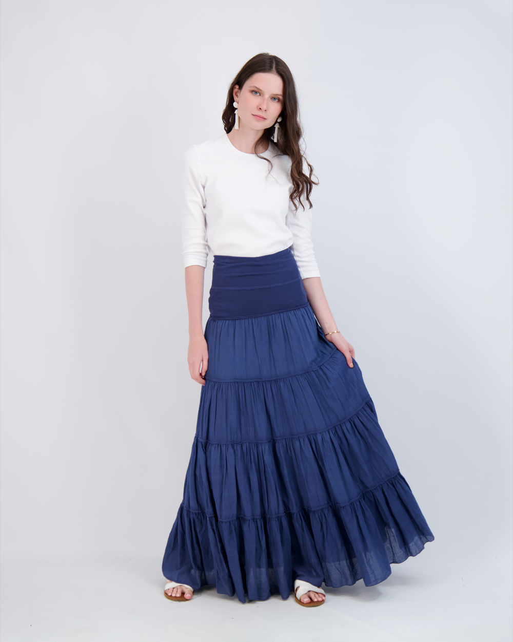 Ladies Tiered Maxi Gauze Skirt Denim