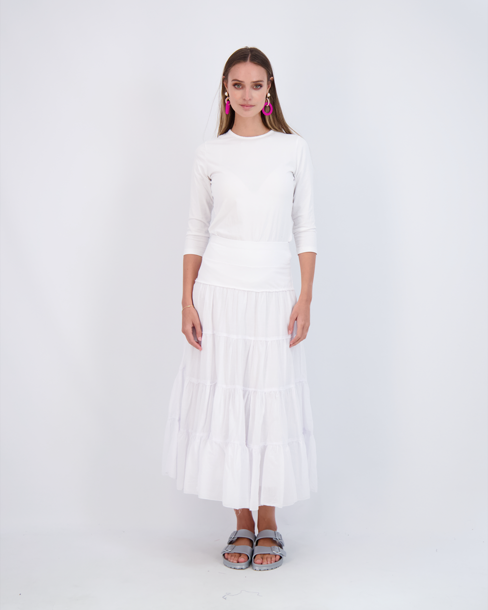 Ladies Tiered Maxi Gauze Skirt White
