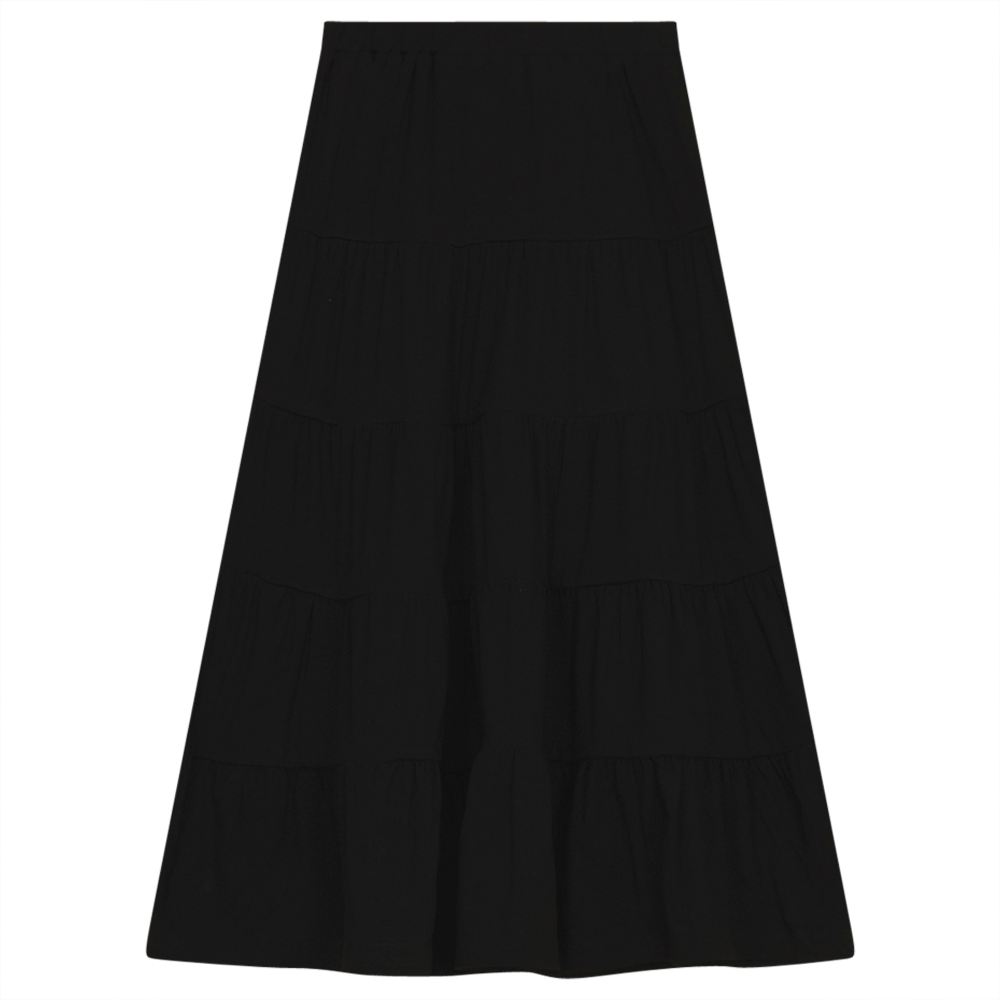 Tiered Solid Long Skirt Black