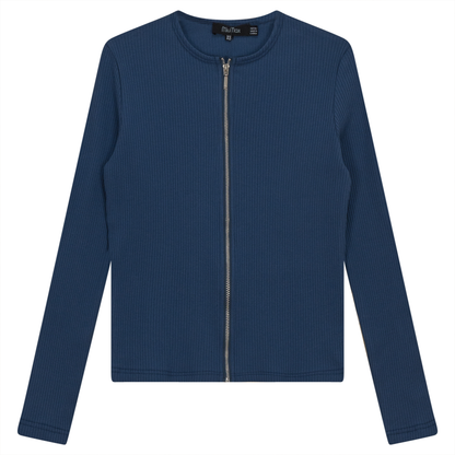 Thin Ribbed Crop Zipper Bomber Chambray