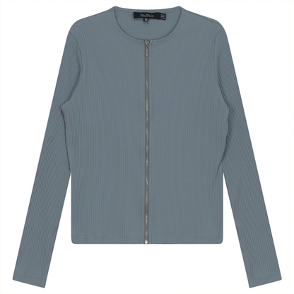 Thin Ribbed Crop Zipper Bomber Light Denim