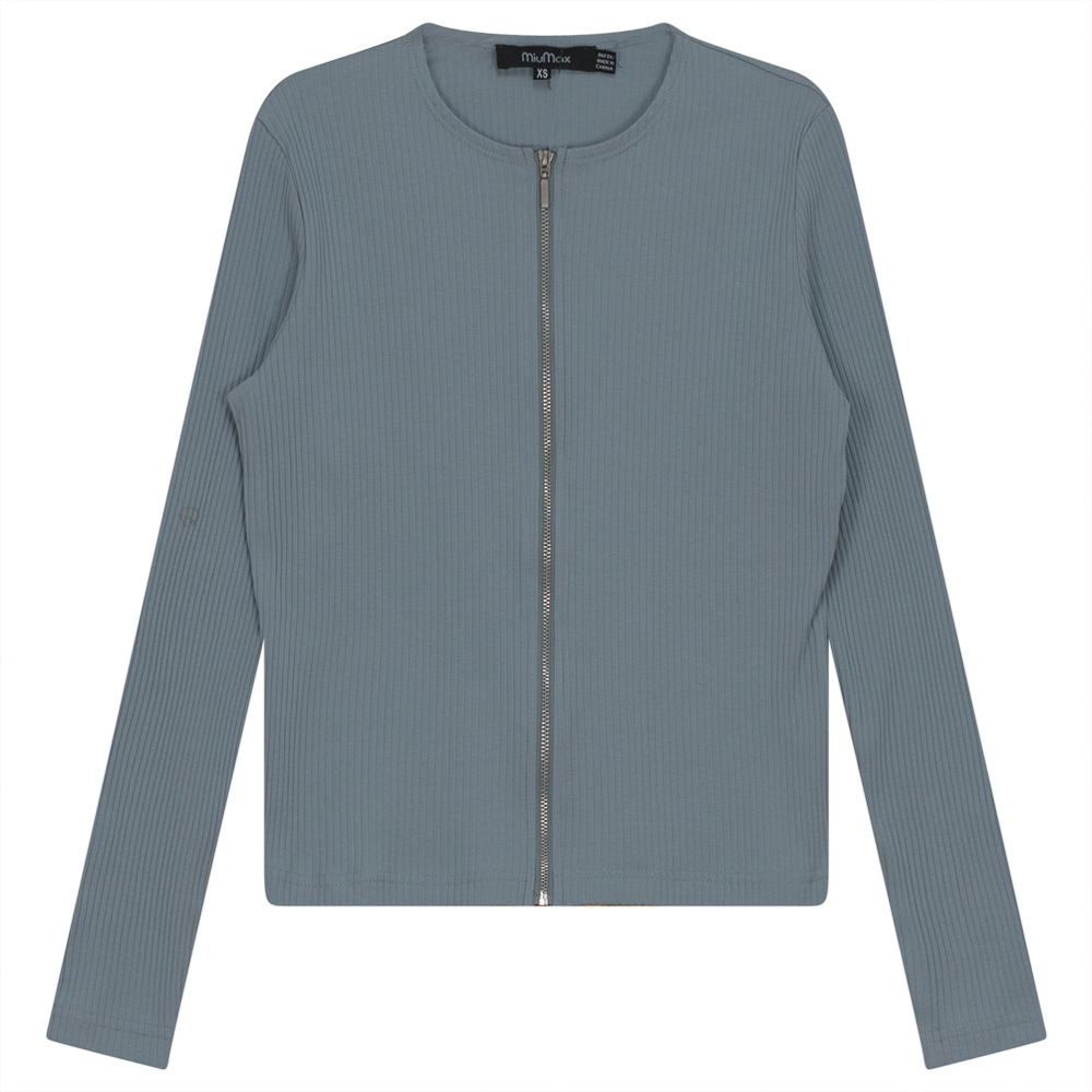 Thin Ribbed Crop Zipper Bomber Light Denim