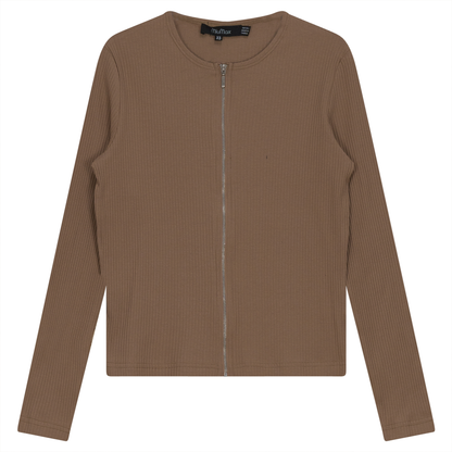 Thin Ribbed Crop Zipper Bomber Taupe