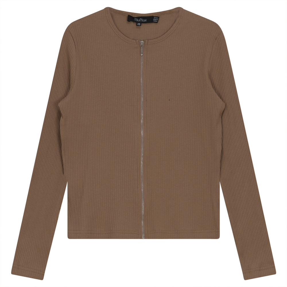 Thin Ribbed Crop Zipper Bomber Taupe