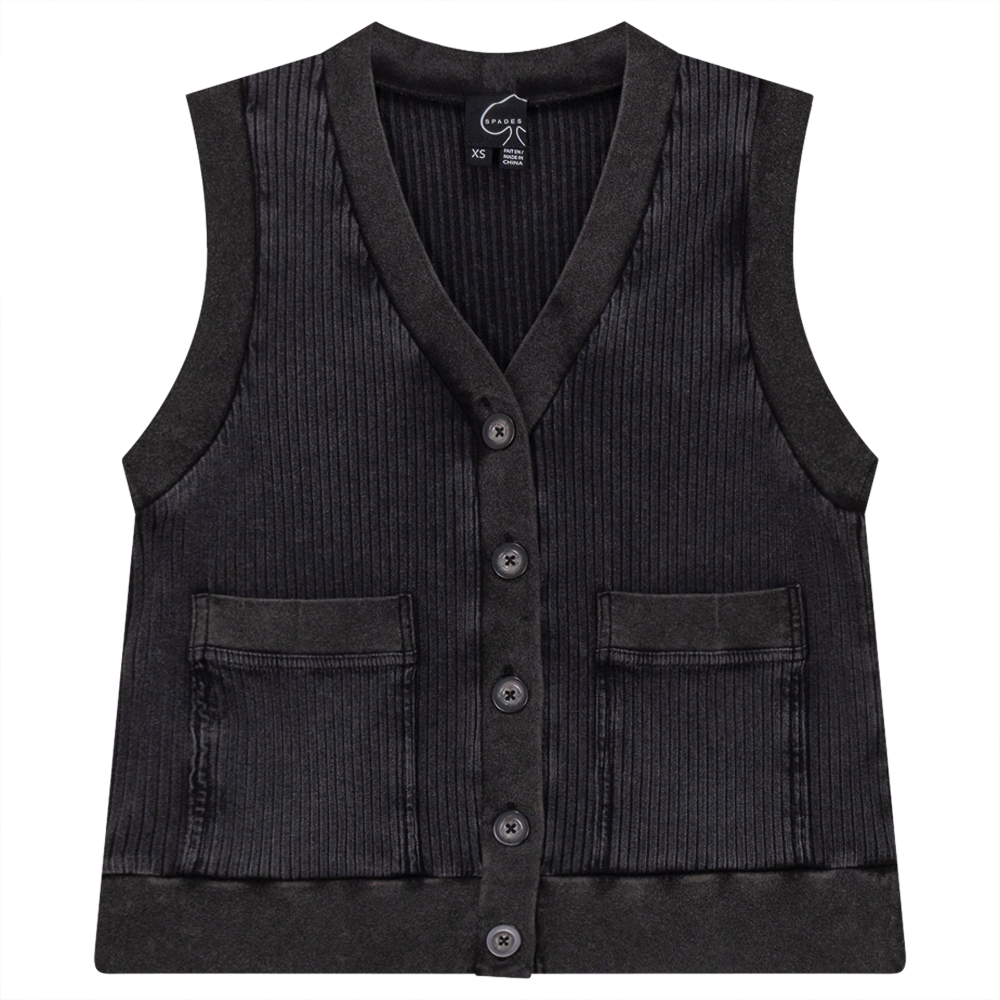 Ribbed Mineral Wash Contrast Cardigan Vest Black Wash