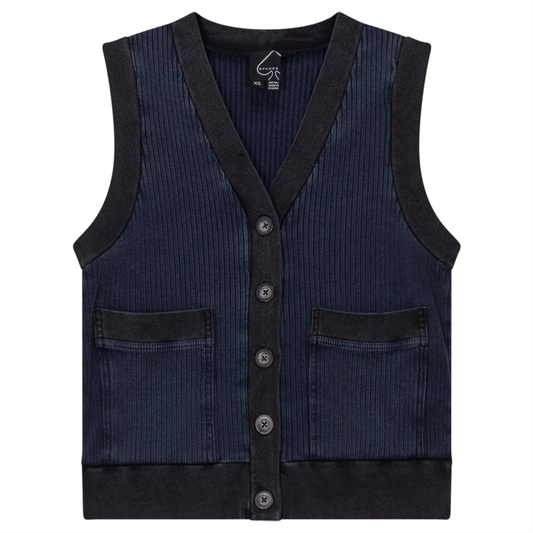 Ribbed Mineral Wash Contrast Cardigan Vest Dark Denim Wash