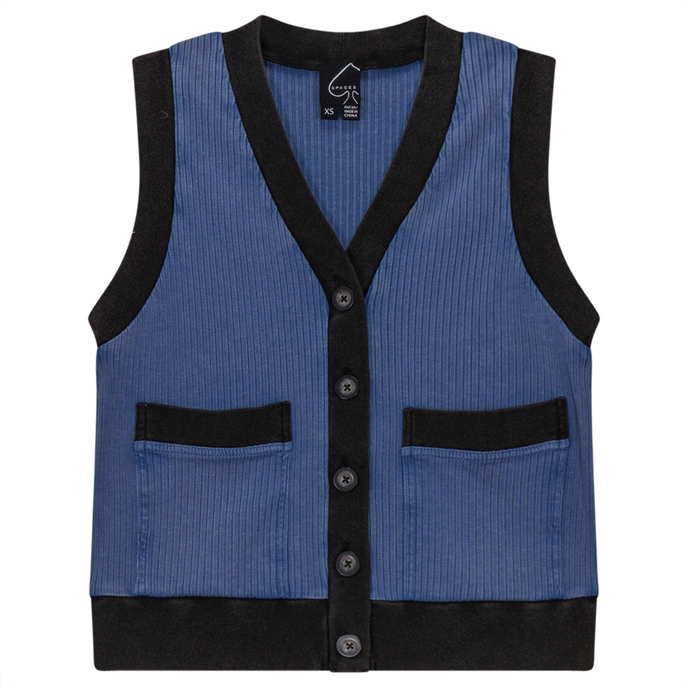 Ribbed Mineral Wash Contrast Cardigan Vest Light Denim Wash