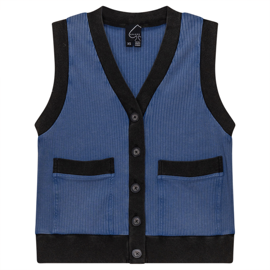 Ribbed Mineral Wash Contrast Cardigan Vest Light Denim Wash