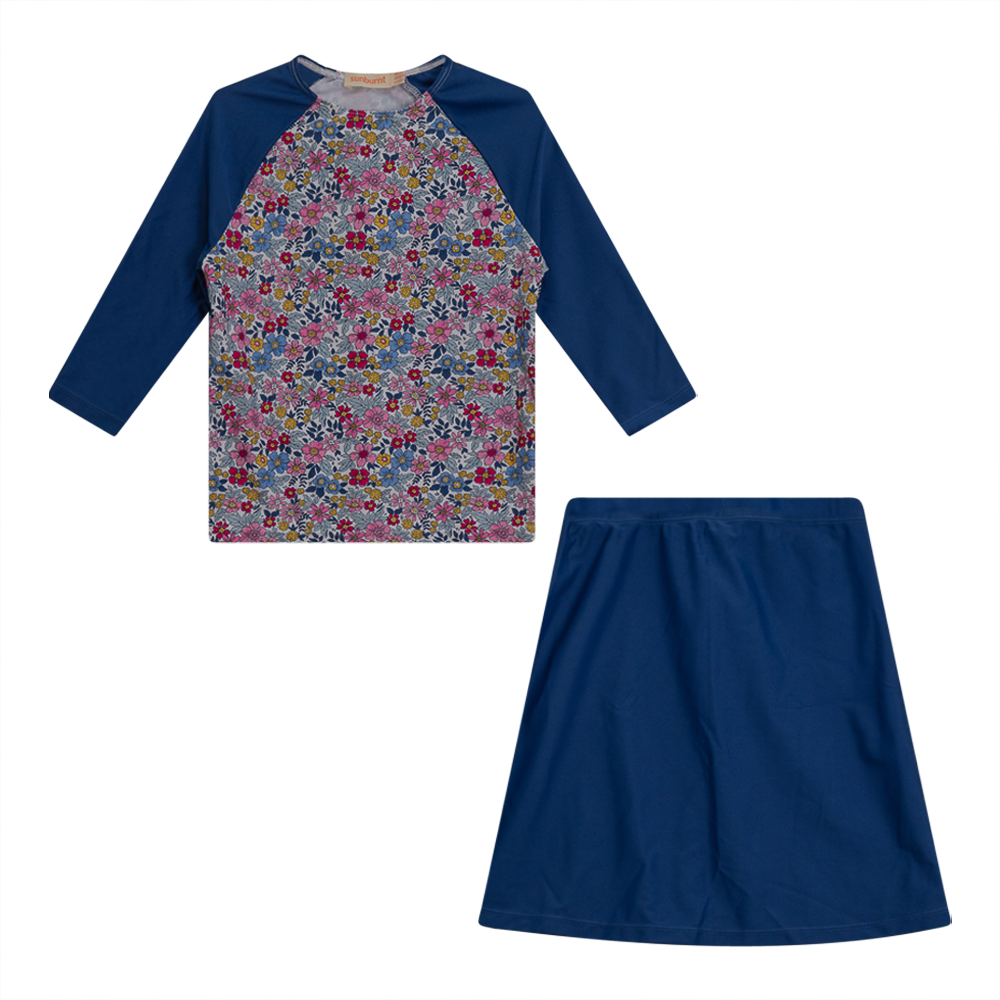 Vintage Floral Print Swim 2PC Set White Dark Denim