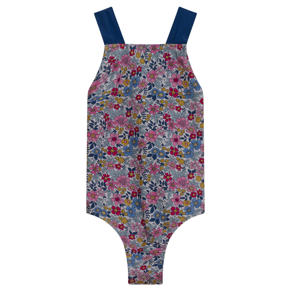 Vintage Floral Print Swimsuit White Dark Denim