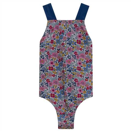 Vintage Floral Print Swimsuit White Dark Denim
