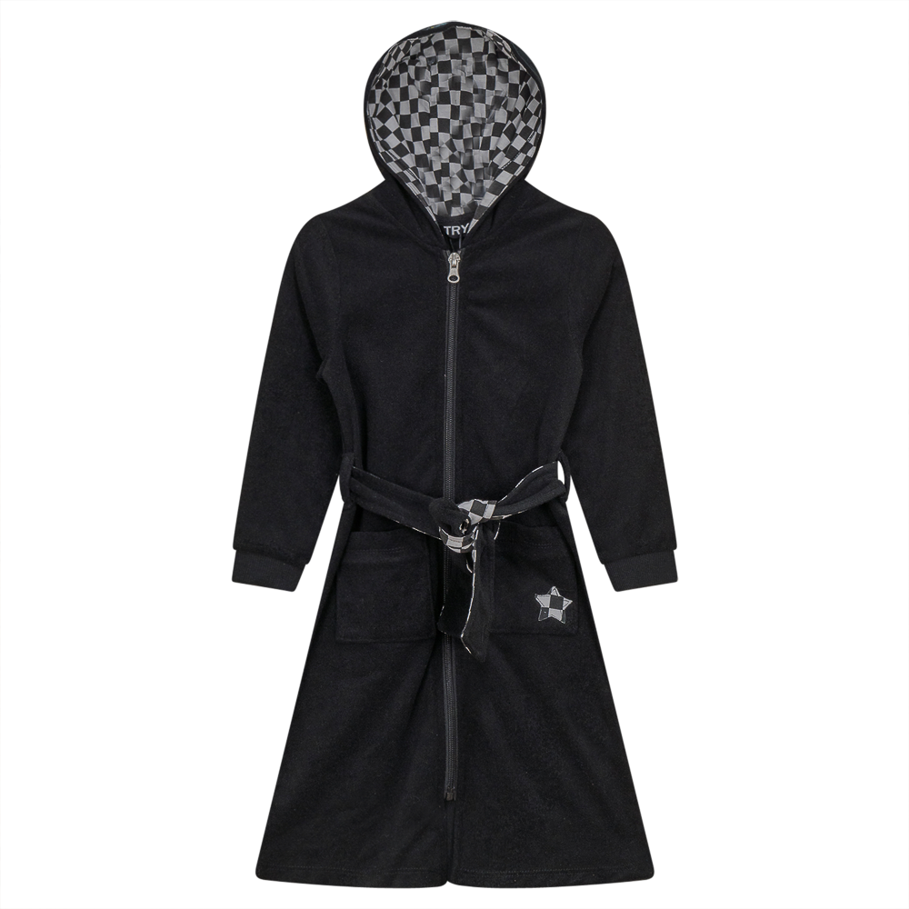 Checkered Star Applique Terry Robe Black