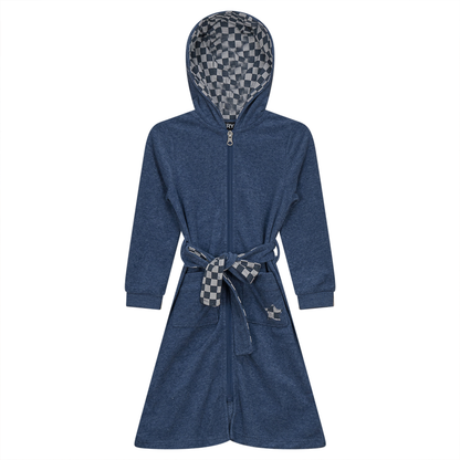 Checkered Star Applique Terry Robe Denim Mix