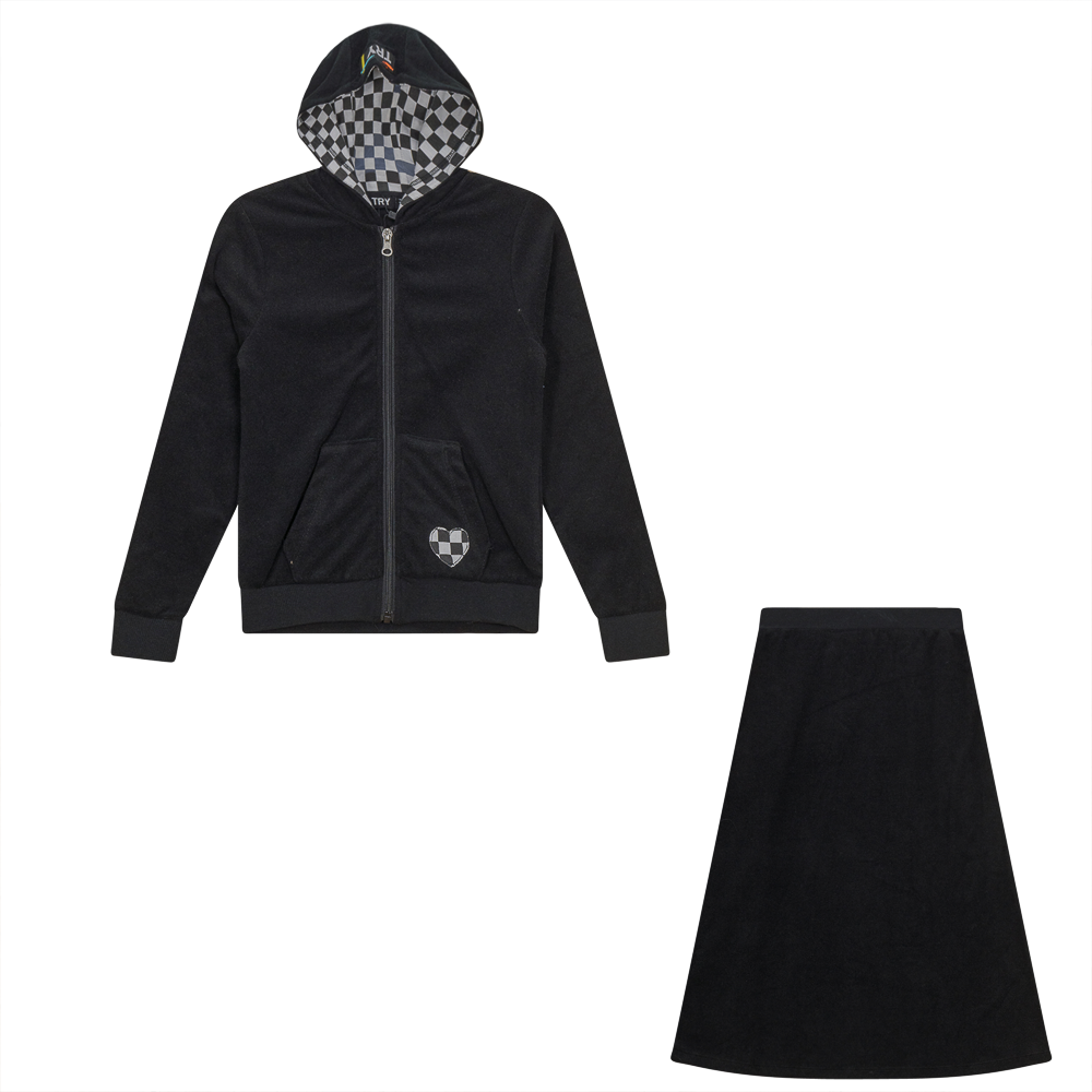 Checkered Heart Applique Terry 2PC Set Black