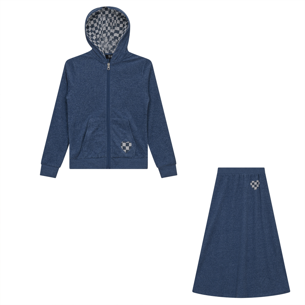 Checkered Heart Applique Terry 2PC Set Denim Mix