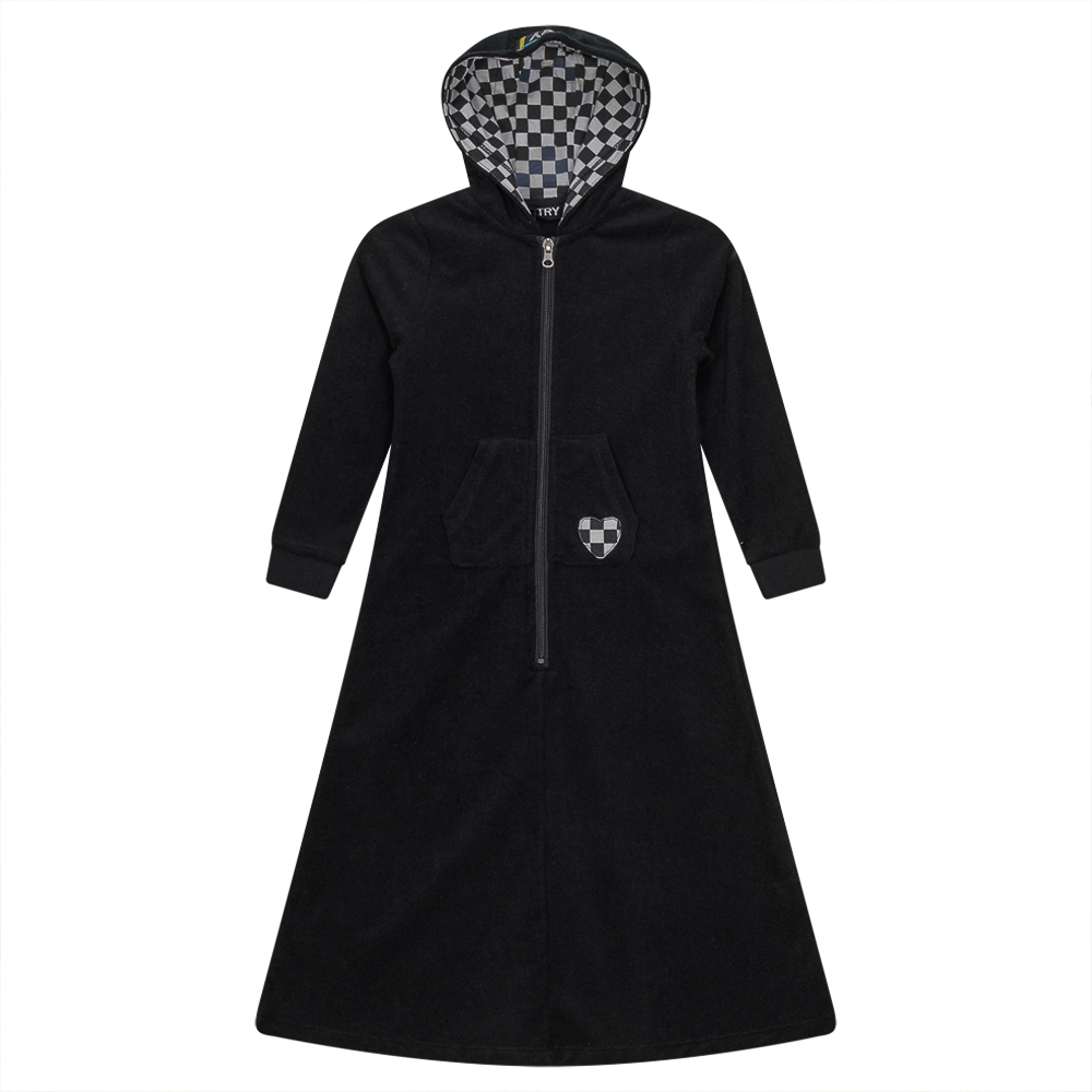 Checkered Heart Applique Terry Robe Black