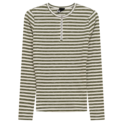 Wash Striped Henley Top Olive White