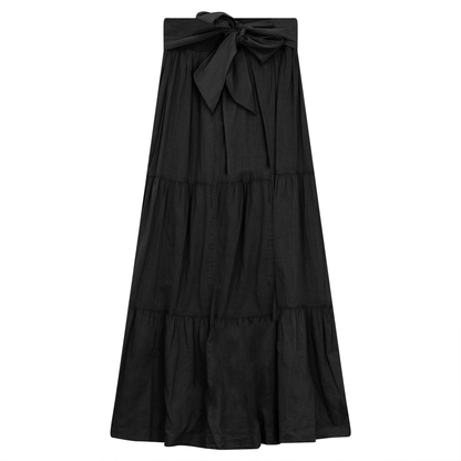 Woven Tiered Skirt with Belt Black