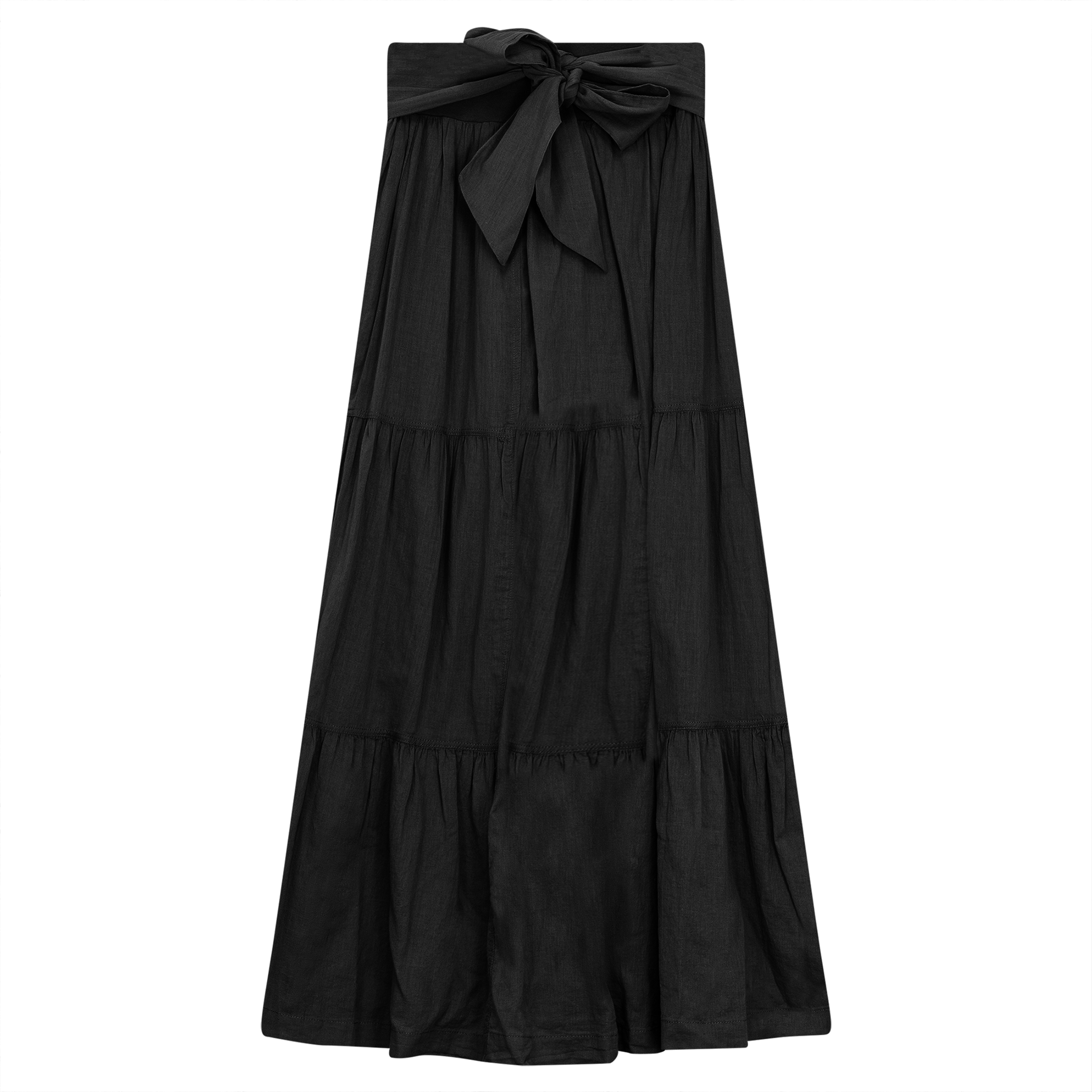 Woven Tiered Skirt with Belt Black