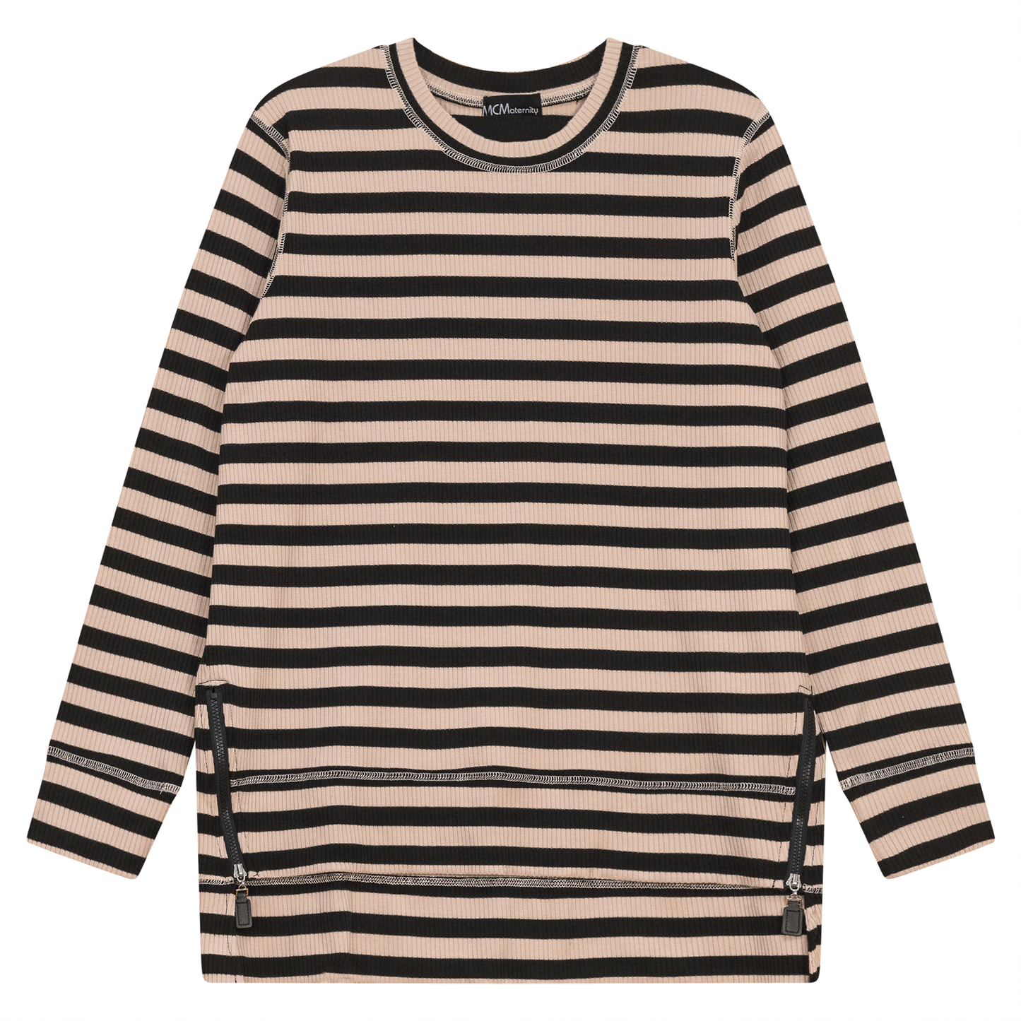 Striped Maternity Zip Top Black Beige