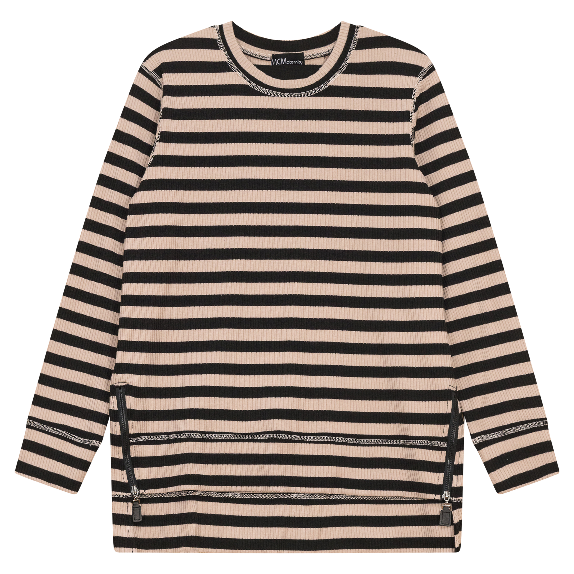 Striped Maternity Zip Top Black Beige