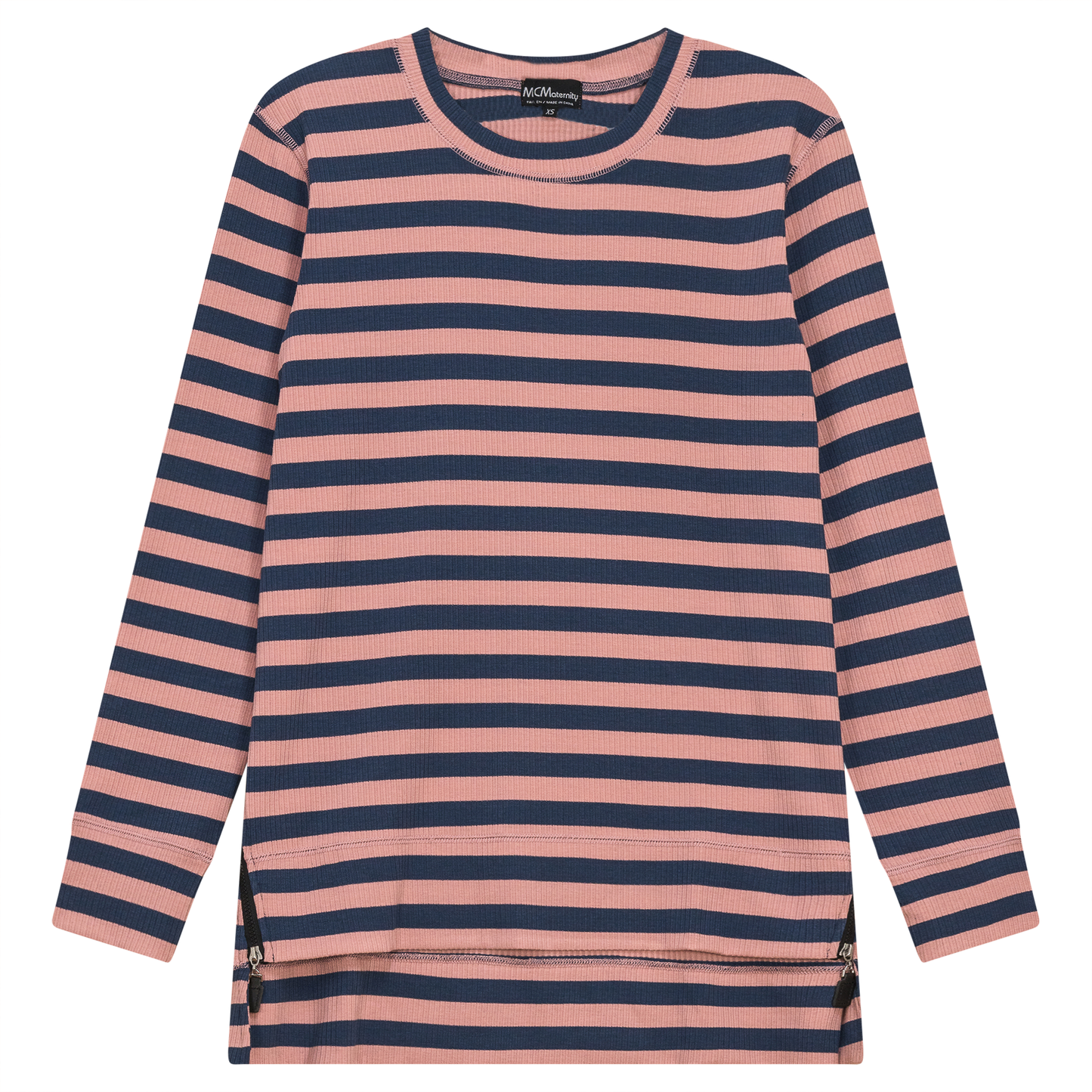 Striped Maternity Zip Top Chambray Mauve