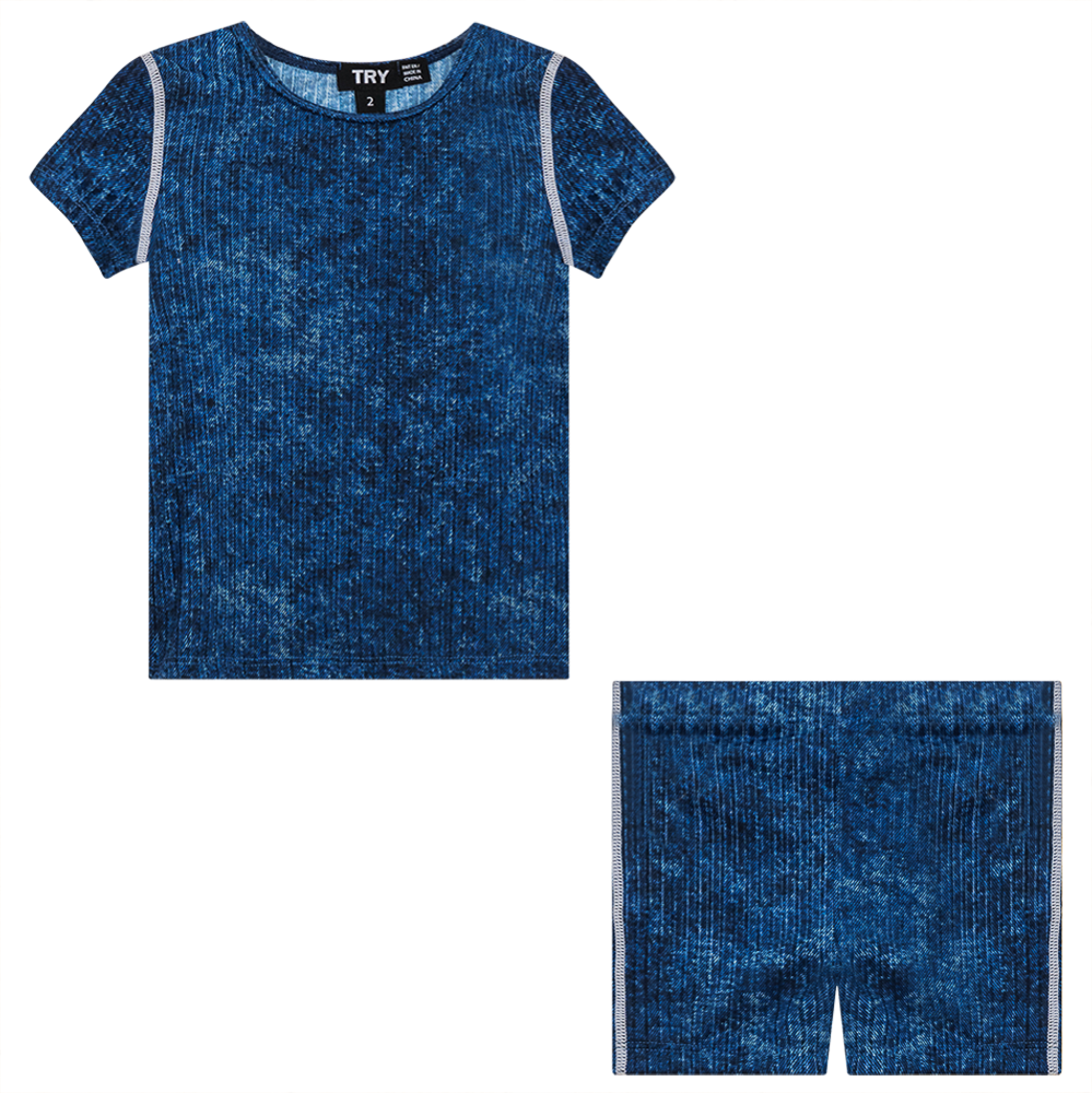 Distressed Rib 2Pc Swim Set Denim Wash