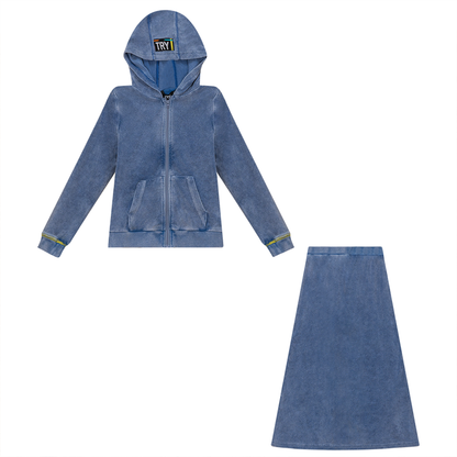 Multi Color Stitched Terry 2Pc Set Denim Wash