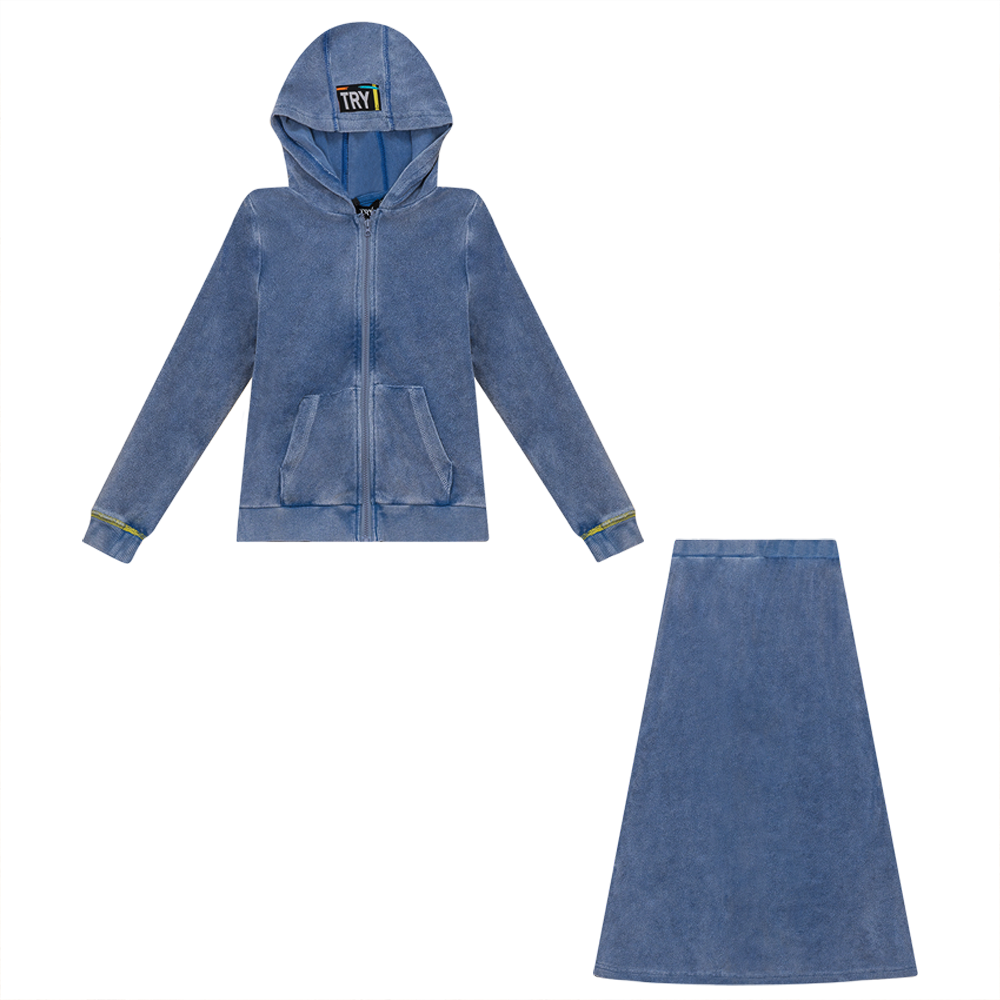 Multi Color Stitched Terry 2Pc Set Denim Wash