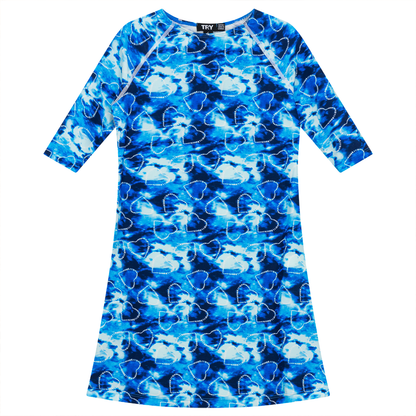 Tie Dye Heart and Star Print Swim Dress Blue