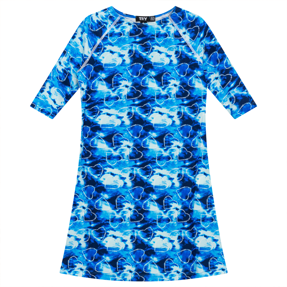 Tie Dye Heart and Star Print Swim Dress Blue