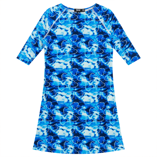 Tie Dye Heart and Star Print Swim Dress Blue