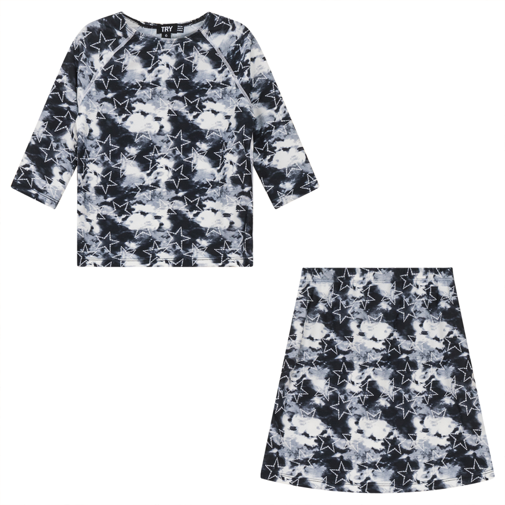 Tie Dye Heart and Star Print 2Pc Swim Set Black