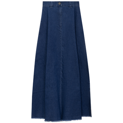 Maxi Denim A Line Fringe Skirt Dark Denim